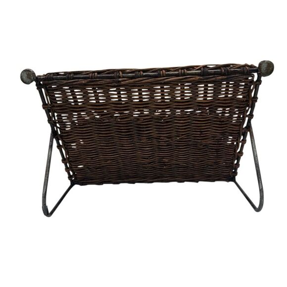 Vtg MCM Desktop Hand Woven Wicker Metal Vinyl Stationary Magazine Rack Holder - Picture 9 of 11